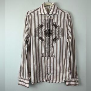 English Laundry Men’s Brown Tan Y2K Cross Long Sleeve Striped Shirt M Flip Cuff
